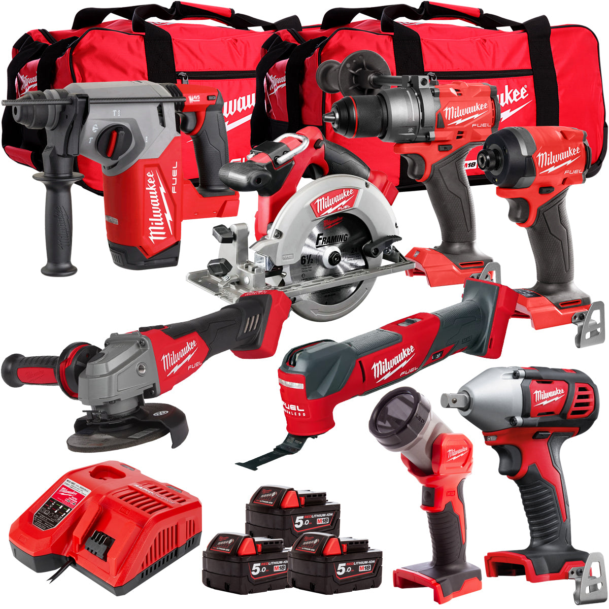 Milwaukee 18V Cordless 8 Piece Tool Kit with 3 x 5.0Ah Batteries & Charger in Bag T4TM-4