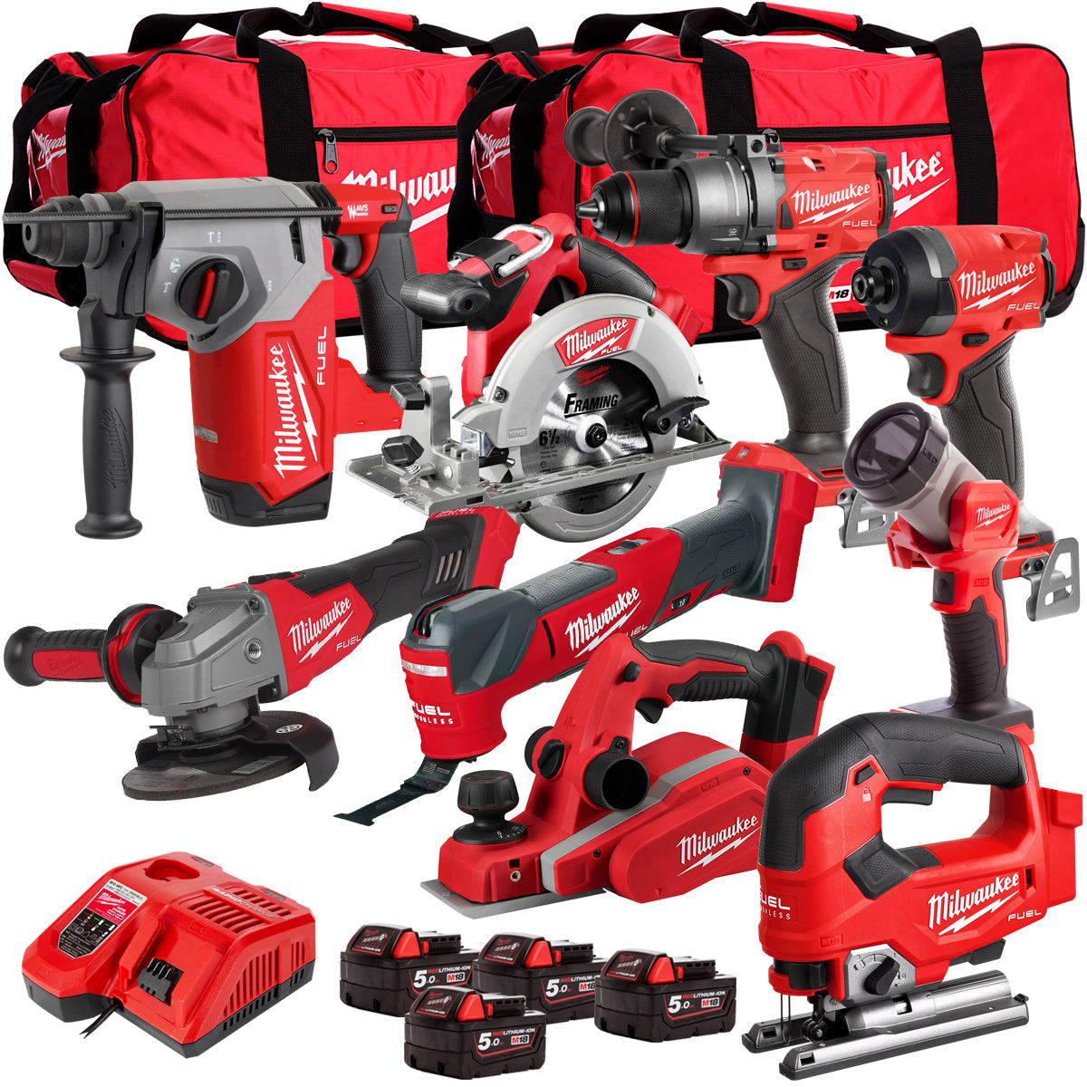 Milwaukee 18V Cordless 9 Piece Tool Kit with 4 x 5.0Ah Batteries & Charger in Bag T4TM-5