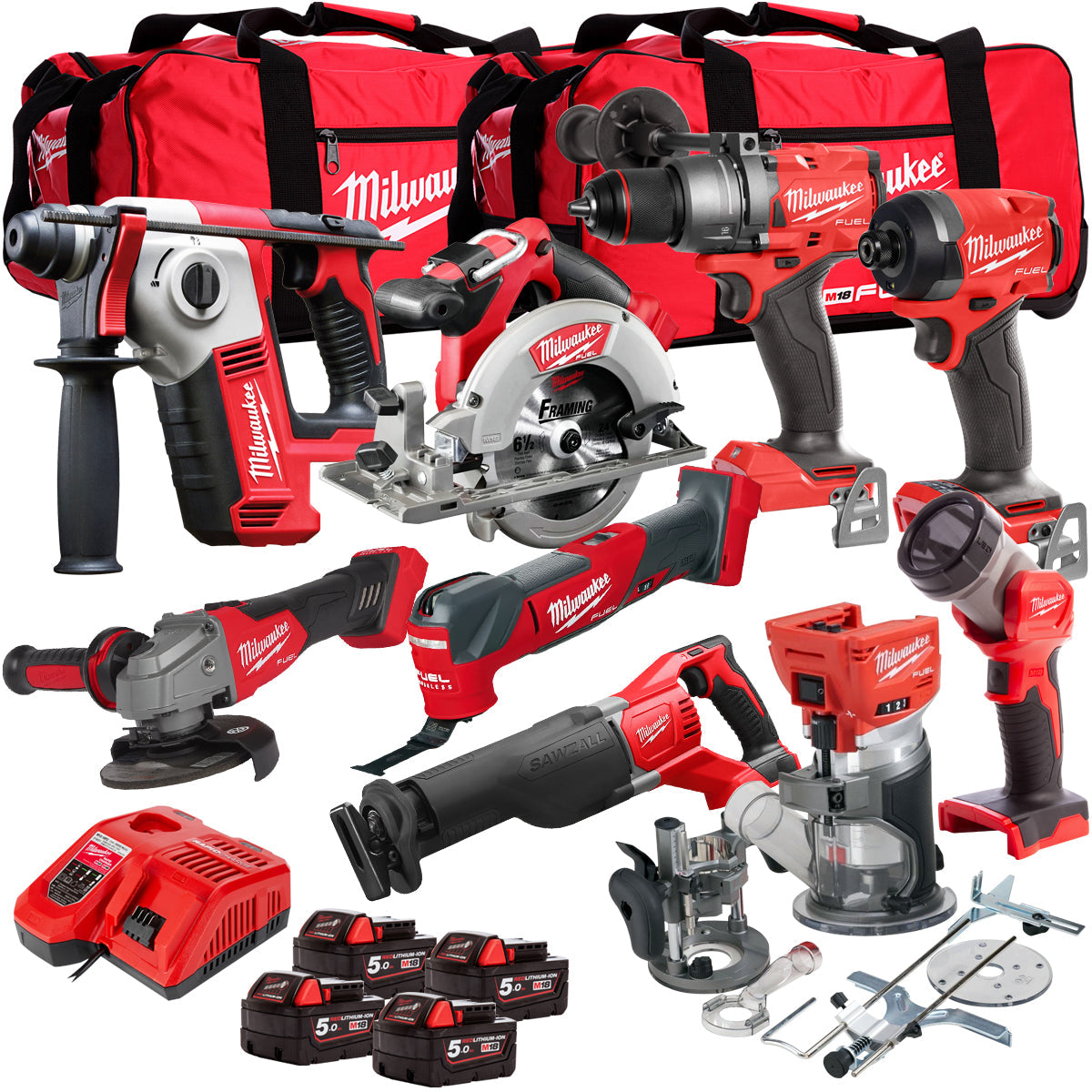 Milwaukee 18V Cordless 9 Piece Tool Kit with 4 x 5.0Ah Batteries & Charger in Bag T4TM-6