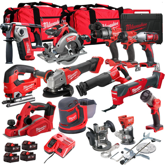 Milwaukee 18V Cordless 13 Piece Tool Kit with 4 x 5.0Ah Batteries & Charger in Bag T4TM-11