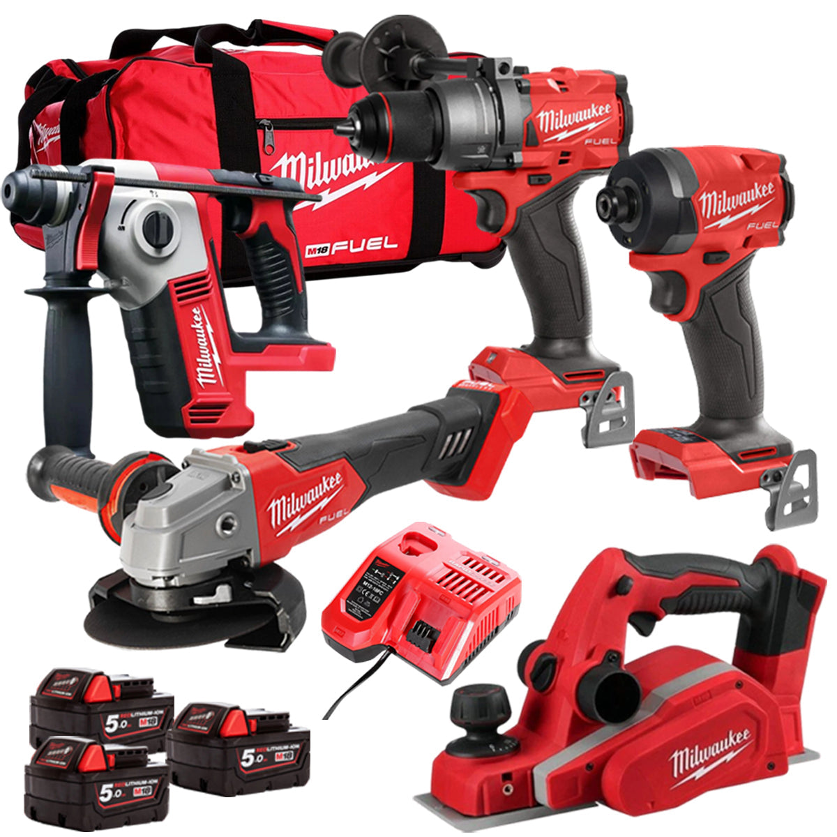 Milwaukee 18V Cordless 5 Piece Tool Kit with 3 x 5.0Ah Batteries & Charger in Bag T4TM-15