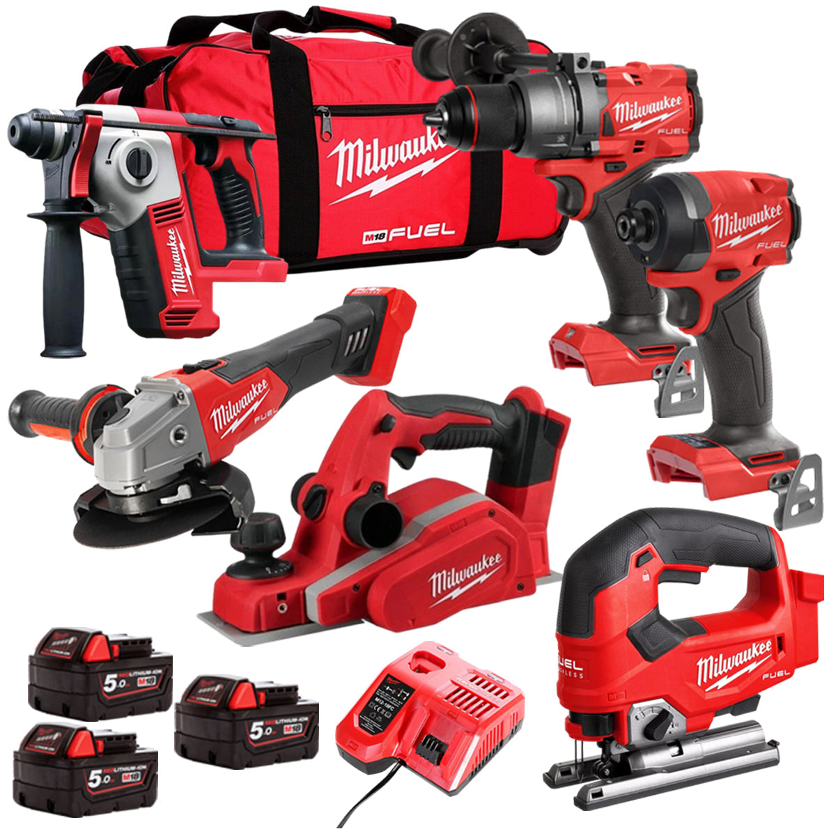 Milwaukee 18V Cordless 6 Piece Tool Kit with 3 x 5.0Ah Batteries & Charger in Bag T4TM-17