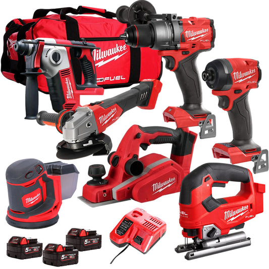 Milwaukee 18V Cordless 7 Piece Tool Kit with 3 x 5.0Ah Batteries & Charger in Bag T4TM-19