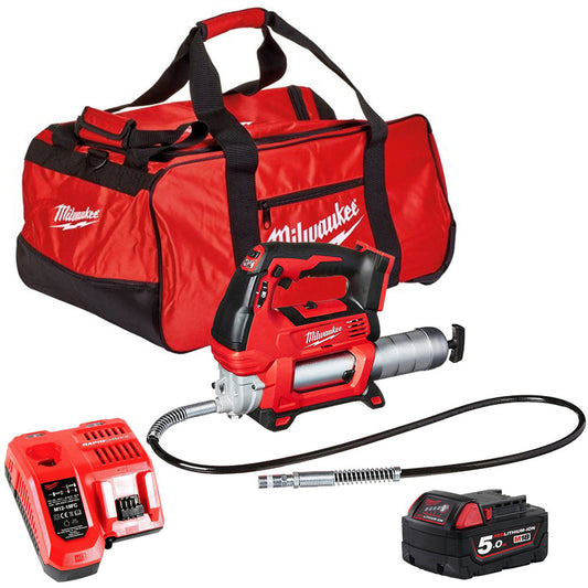 Milwaukee M18GG-0 18V Cordless Grease Gun 1 x 5.0Ah Battery Charger & Tool Bag