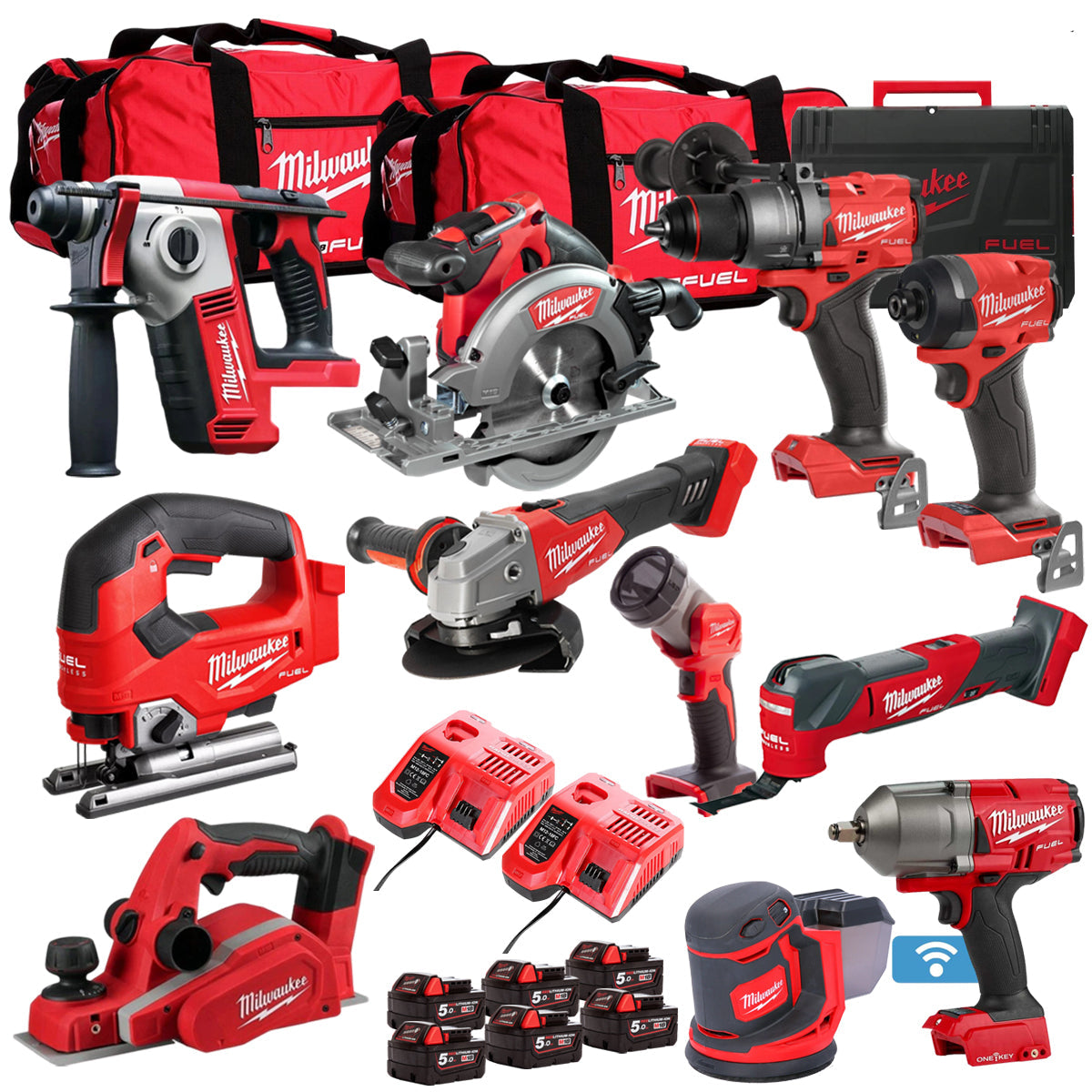 Milwaukee 18V Cordless 11 Piece Tool Kit with 6 x 5.0Ah Batteries & Charger in Bag T4TKIT-512