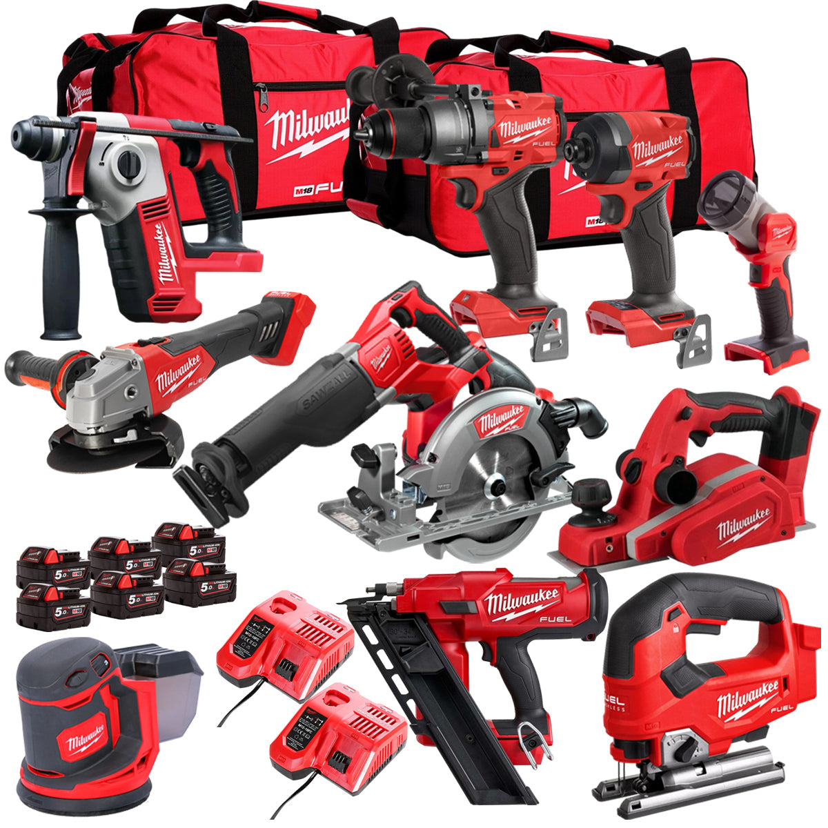 Milwaukee 18V Cordless 11 Piece Tool Kit with 6 x 5.0Ah Batteries & Charger in Bag T4TKIT-515