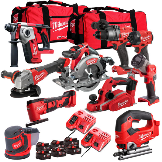 Milwaukee 18V Cordless 10 Piece Tool Kit with 6 x 5.0Ah Batteries & Charger in Bag T4TKIT-505