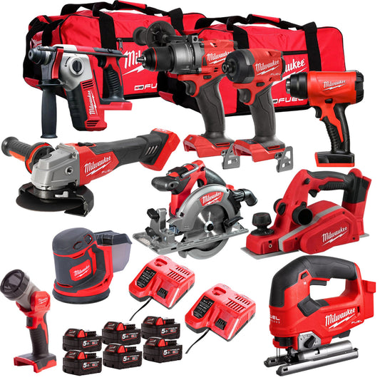 Milwaukee 18V Cordless 10 Piece Tool Kit with 6 x 5.0Ah Batteries & Charger in Bag T4TKIT-507