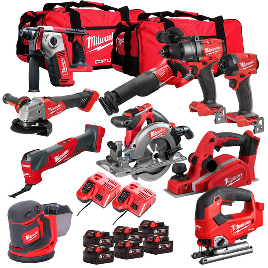 Milwaukee 18V Cordless 10 Piece Tool Kit with 6 x 5.0Ah Batteries & Charger in Bag T4TKIT-509