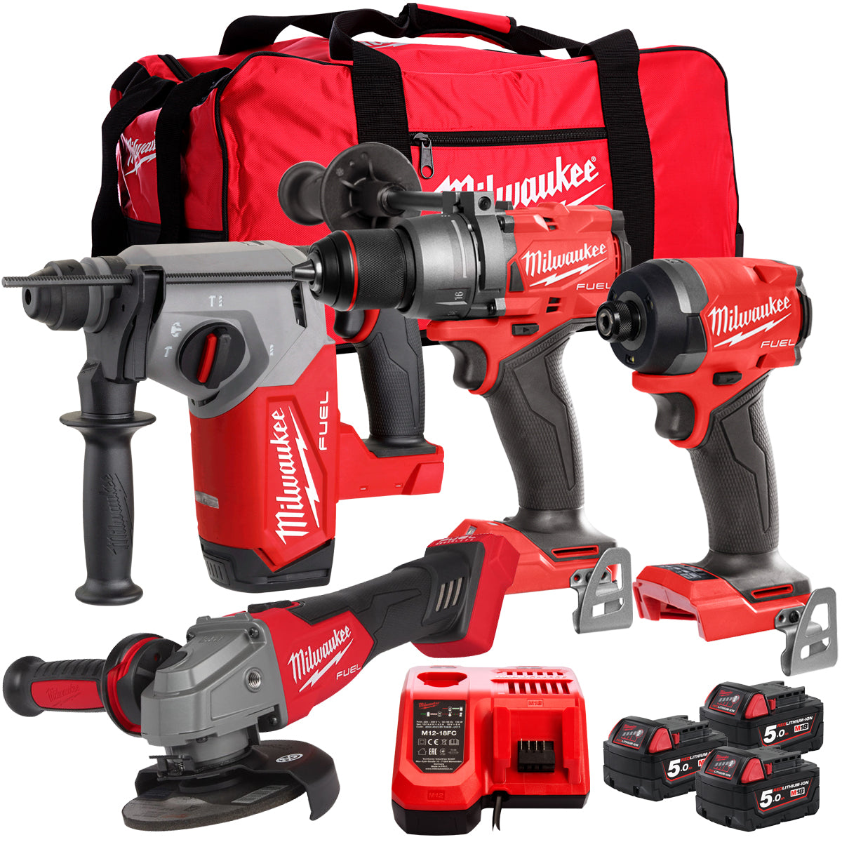 Milwaukee M18FPP4Z-503B 18V 4 Piece Power Tool Kit With 3 x 5.0Ah Batteries Charger & Bag