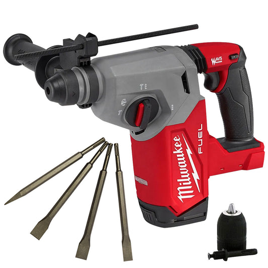 Milwaukee M18FH-0 18V Fuel 4-Mode SDS+ Brushless Hammer Drill with 4 Piece Chisel Set & Chuck