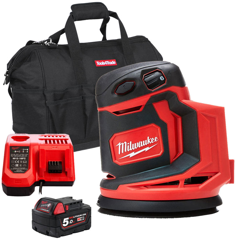 Milwaukee M18BOS125-0 18V 125mm Random Orbital Sander with 1 x 5.0Ah Battery Charger & Bag