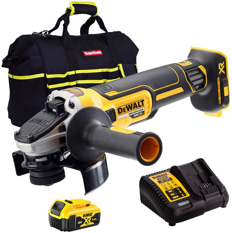 Dewalt DCG405N 18V Brushless 125mm Angle Grinder with 1 x 5.0Ah Battery Charger & Bag