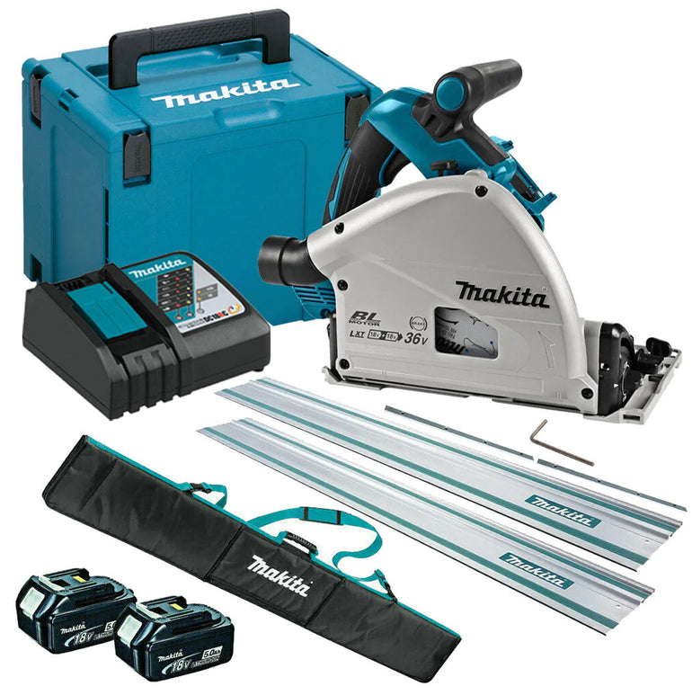 Makita DSP601ZJU 36V Brushless AWS Plunge Saw with 2 x 5.0Ah Battery & Charger + Accessories