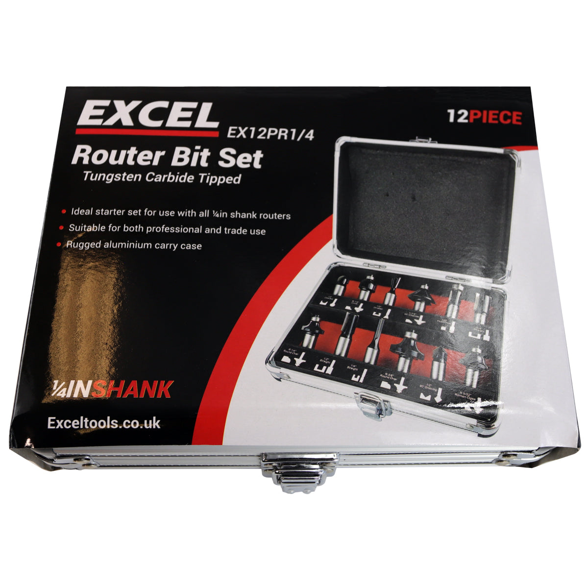 Excel 1/4in Shank TCT Router Cutter Bit 12 Piece Set