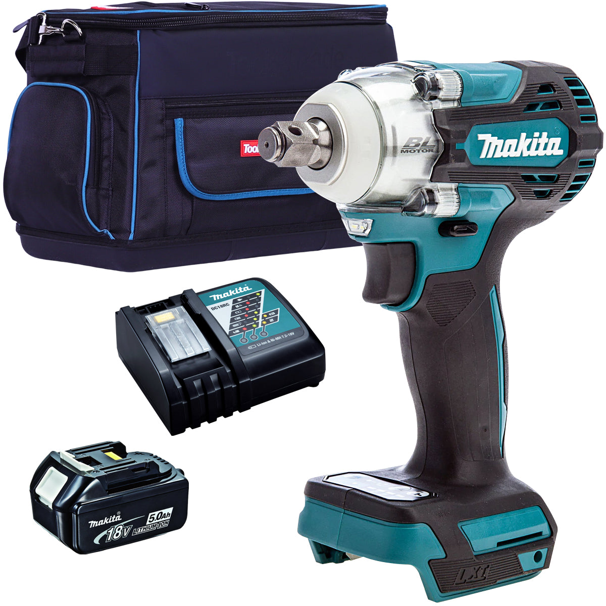 Makita DTW300Z 18V Brushless 1/2" Impact Wrench with 1 x 5.0Ah Battery Charger & Tool Bag