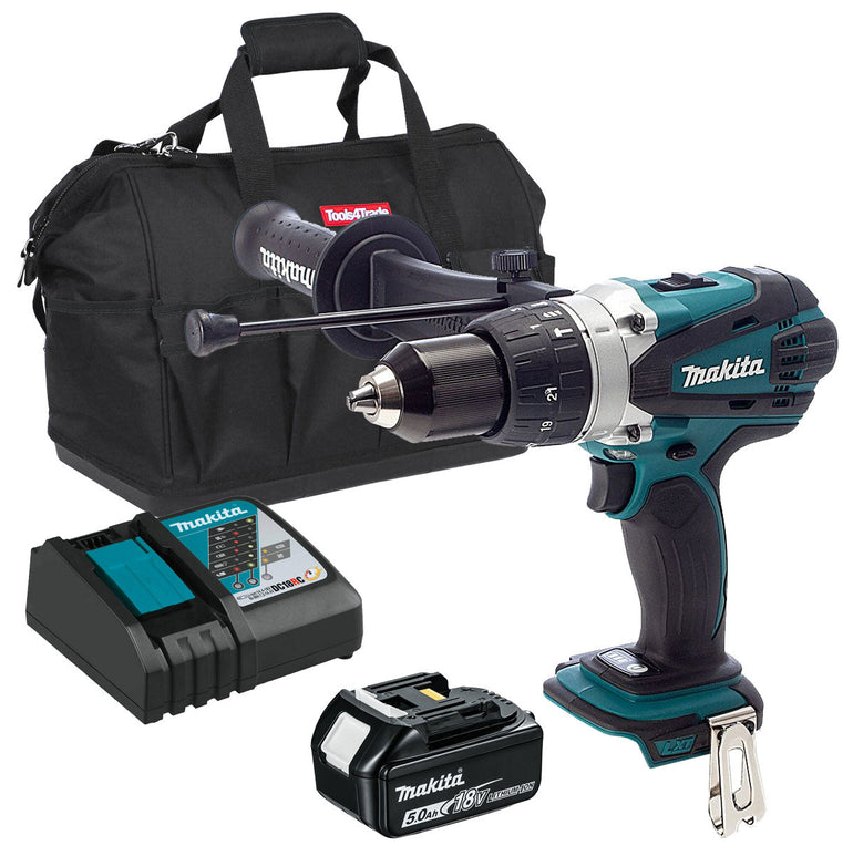 Makita DHP458Z 18V Combi Drill with 1 x 5.0Ah Battery Charger & Tool Bag