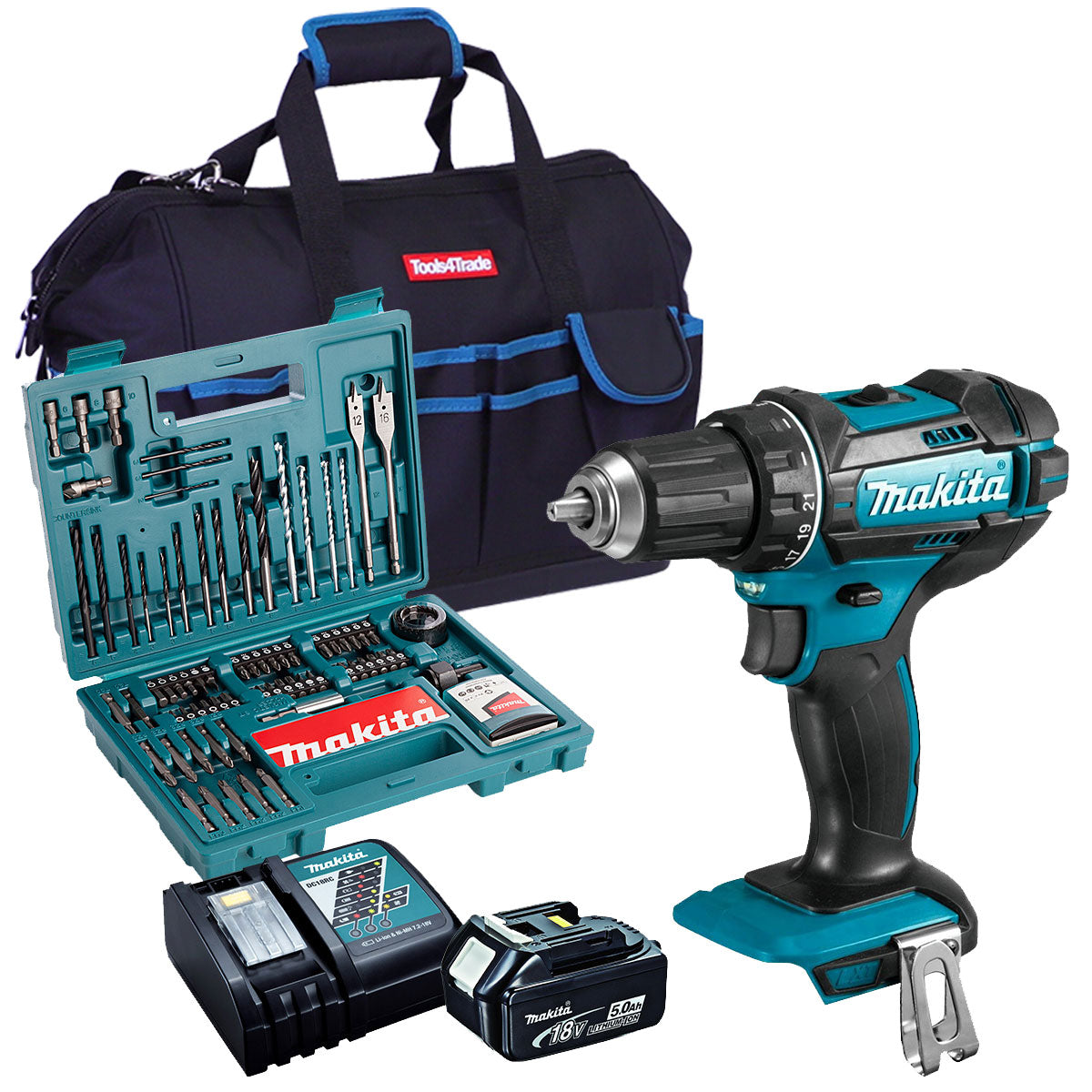 Makita DHP482Z 18V Combi Drill with 1 x 5.0Ah Battery + Charger + Accessories & Tool Bag