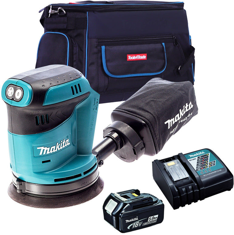 Makita DBO180Z 18V 125mm Random Orbit Sander with 1 x 5.0Ah Battery Charger & Tool Bag