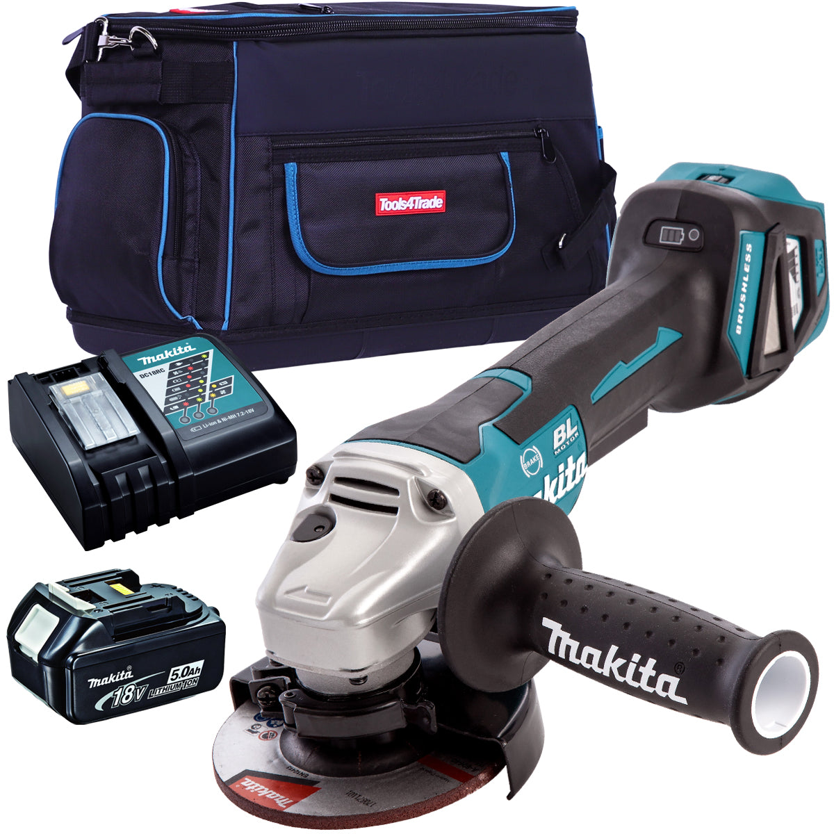 Makita DGA467Z 18V Brushless 115mm Angle Grinder With 1 x 5.0Ah Battery Charger & Tool Bag