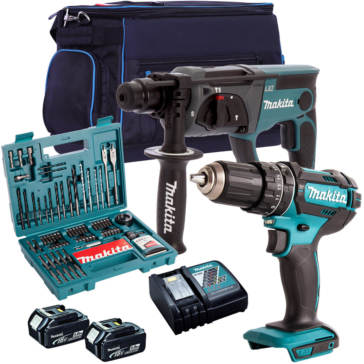 Makita 18V SDS+ Rotary Hammer + Combi Drill Tool Kit with 2 x 5.0Ah Batteries MTKIT-818