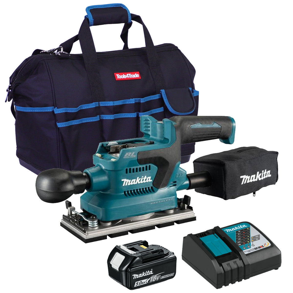 Makita DBO381ZU 18V Brushless Finishing Sander with 1 x 5.0Ah Battery Charger & Bag