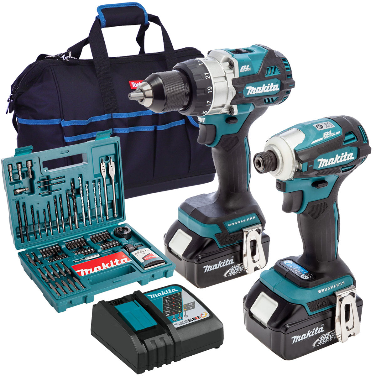 Makita 18V Brushless Twin Pack Combi Drill & Impact Driver With 2 x 4.0Ah Battery & 100 Piece Drill Set MTKIT-16184