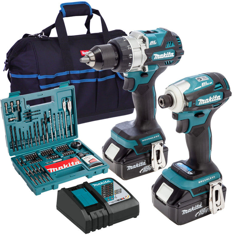 Makita 18V Brushless Twin Pack Combi Drill & Impact Driver With 2 x 4.0Ah Battery & 100 Piece Drill Set MTKIT-16184