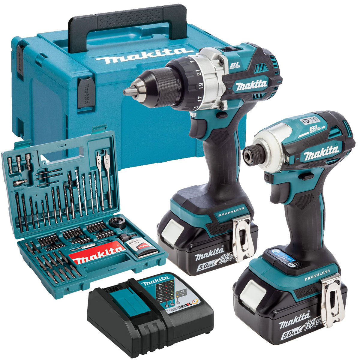 Makita DLX2455TJ 18V Brushless Twin Pack Combi Drill & Impact Driver with 2 x 5.0Ah Battery & 100 Piece Drill Set