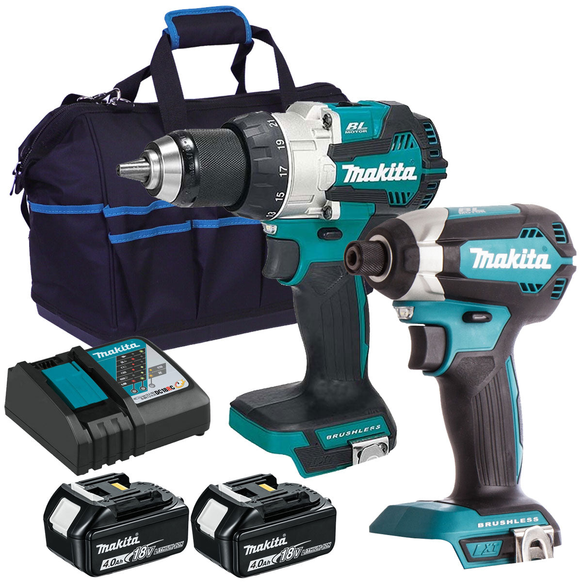 Makita DLX2507MJ 18V Brushless Twin Pack Combi Drill & Impact Driver With 2 x 4.0Ah Battery Charger & Bag