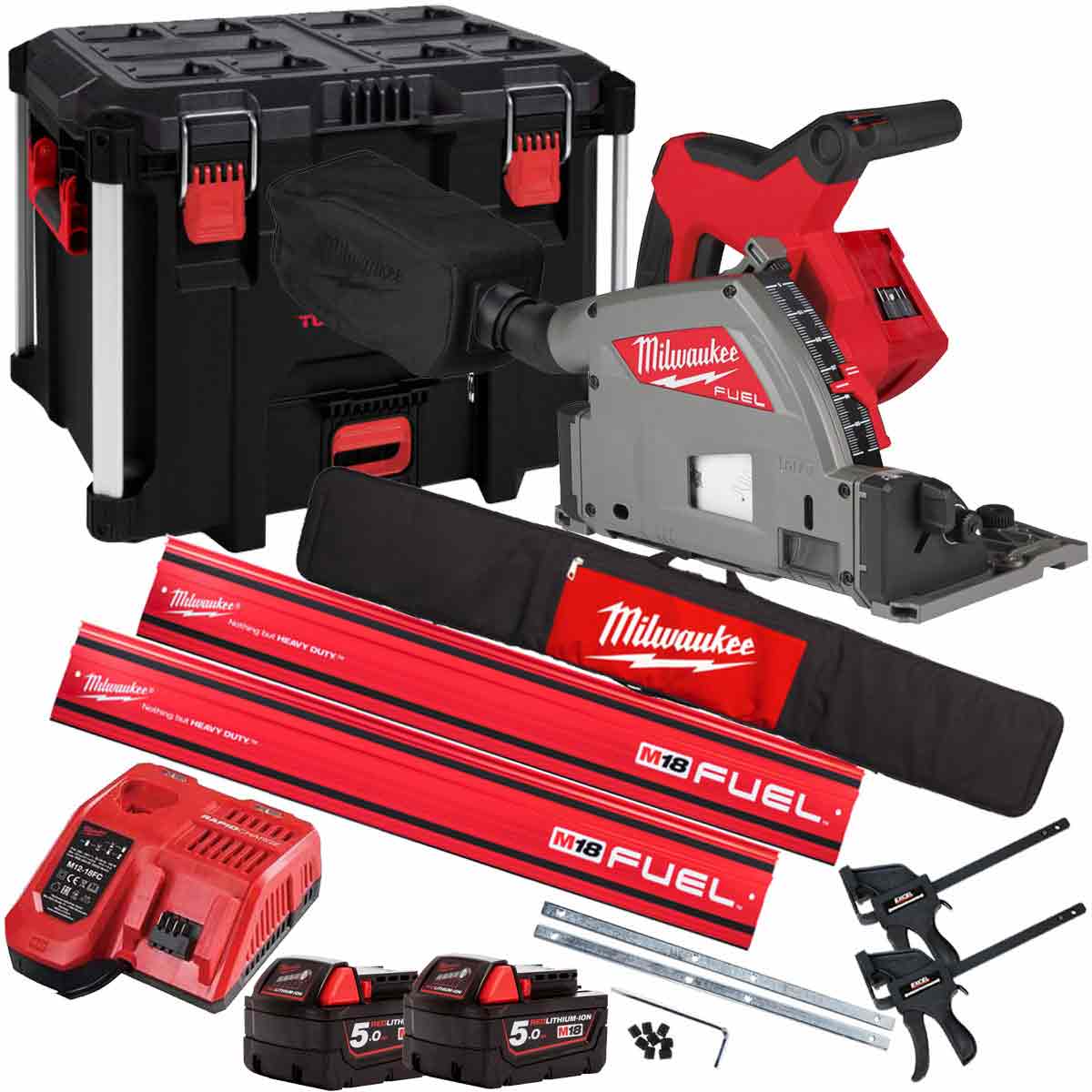 Milwaukee M18FPS55-0P 18V 165mm Fuel Brushless Plunge Saw with 2 x 5.0Ah Battery & Guide Rail Kit