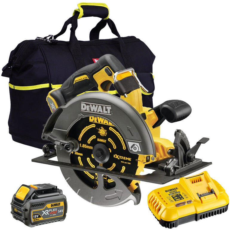 Dewalt DCS578N 54V XR Flexvolt Brushless 190mm Circular Saw with 1 x 6.0Ah Battery Charger & Bag