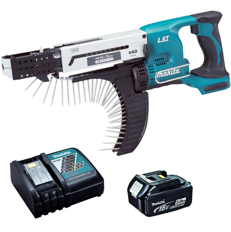 Makita DFR750Z 18V 45 – 75 mm Auto Feed Screwdriver With 1 x 5.0Ah Battery & Charger