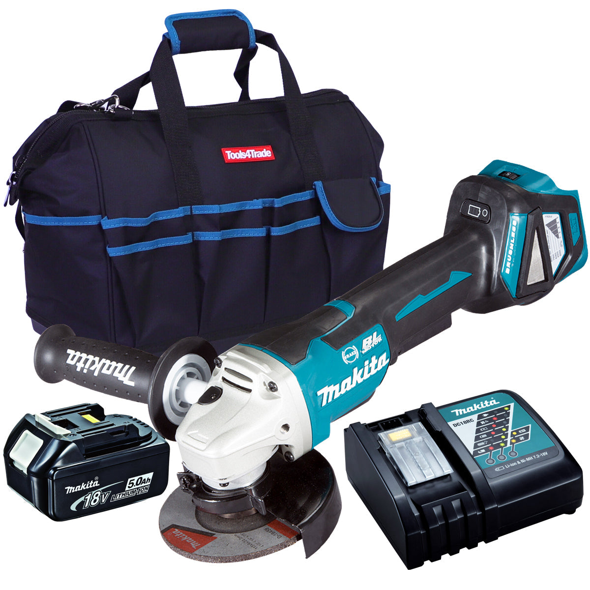 Makita DGA463Z 18V Brushless 115mm Angle Grinder with 1 x 5.0Ah Battery Charger & 18" Bag