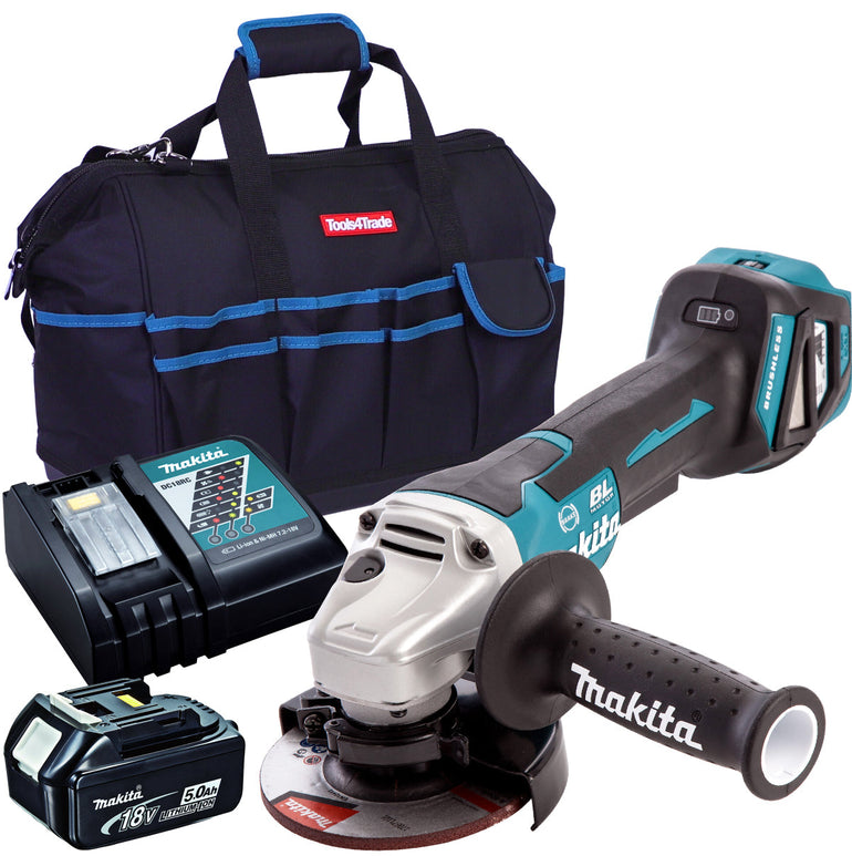 Makita DGA467Z 18V Brushless 115mm Angle Grinder with 1 x 5.0Ah Battery Charger & Bag