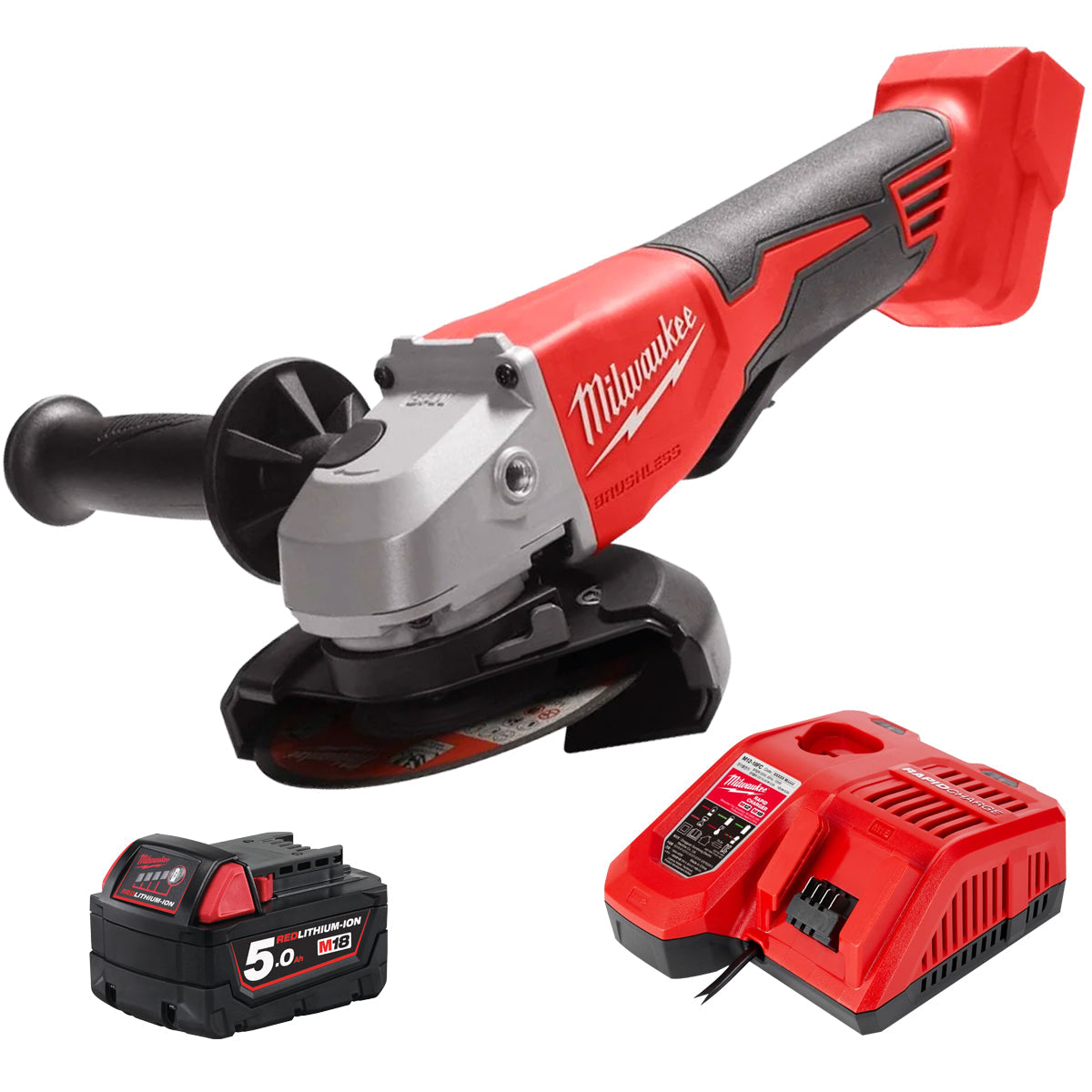 Milwaukee M18BLSAG115XPD-0 18V 115mm Brushless Angle Grinder with 1 x 5.0Ah Battery & Charger