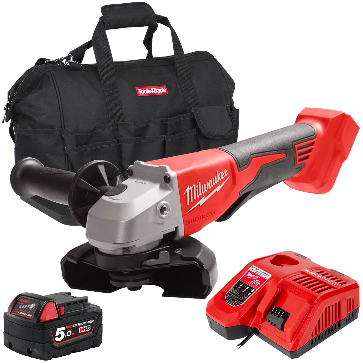 Milwaukee M18BLSAG125XPD-0 18V 125mm Brushless Angle Grinder with 1 x 5.0Ah Battery Charger & Bag