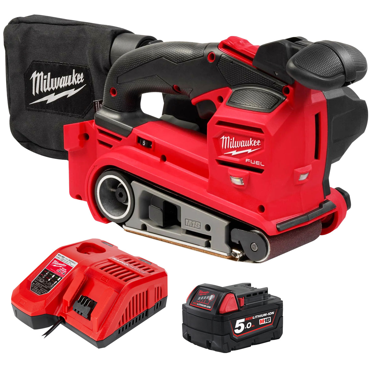 Milwaukee M18FBTS75-0 18V Fuel Brushless 75mm Belt Sander with 1 x 5.0Ah Battery & Charger