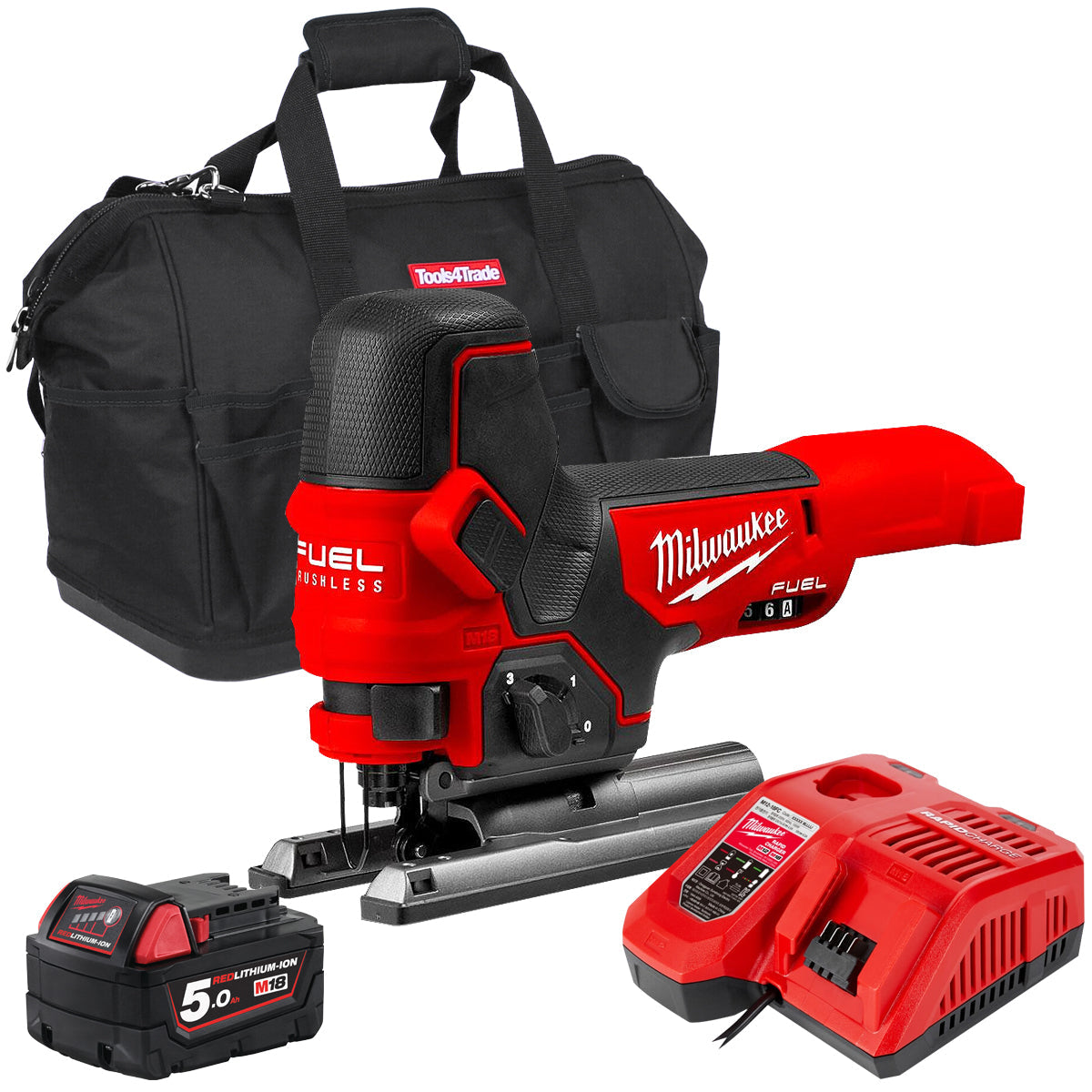 Milwaukee M18FBJS-0 18V Fuel Brushless Jigsaw with 1 x 5.0Ah Battery Charger & Bag