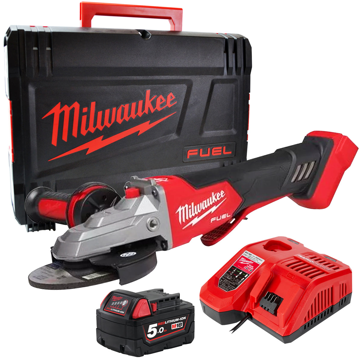 Milwaukee M18FSAGF125XPDB-0X 18V Fuel Brushless 125mm Angle Grinder with 1 x 5.0Ah Battery Charger & Case