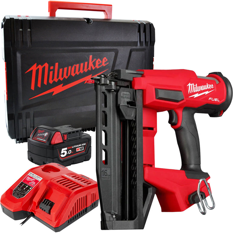 Milwaukee M18FN16GS-0X 18V Fuel Brushless 16G Straight Finish Nailer with 1 x 5.0Ah Battery Charger & Case