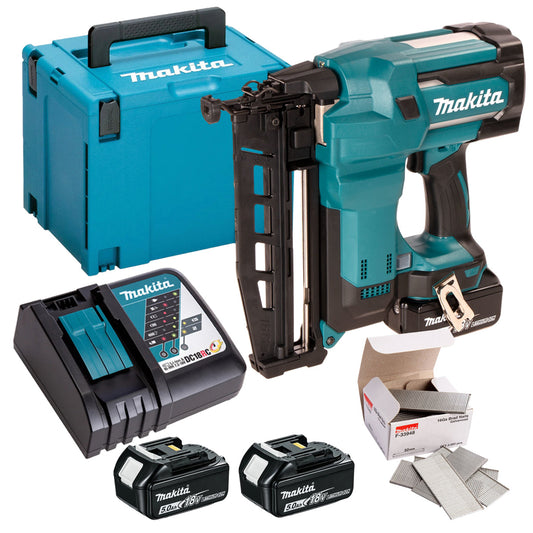 Makita DBN600RTJ 18V Second Fix 16Ga Finish Nailer With 2 x 5.0Ah Battery & 2000 Piece Brad Nails