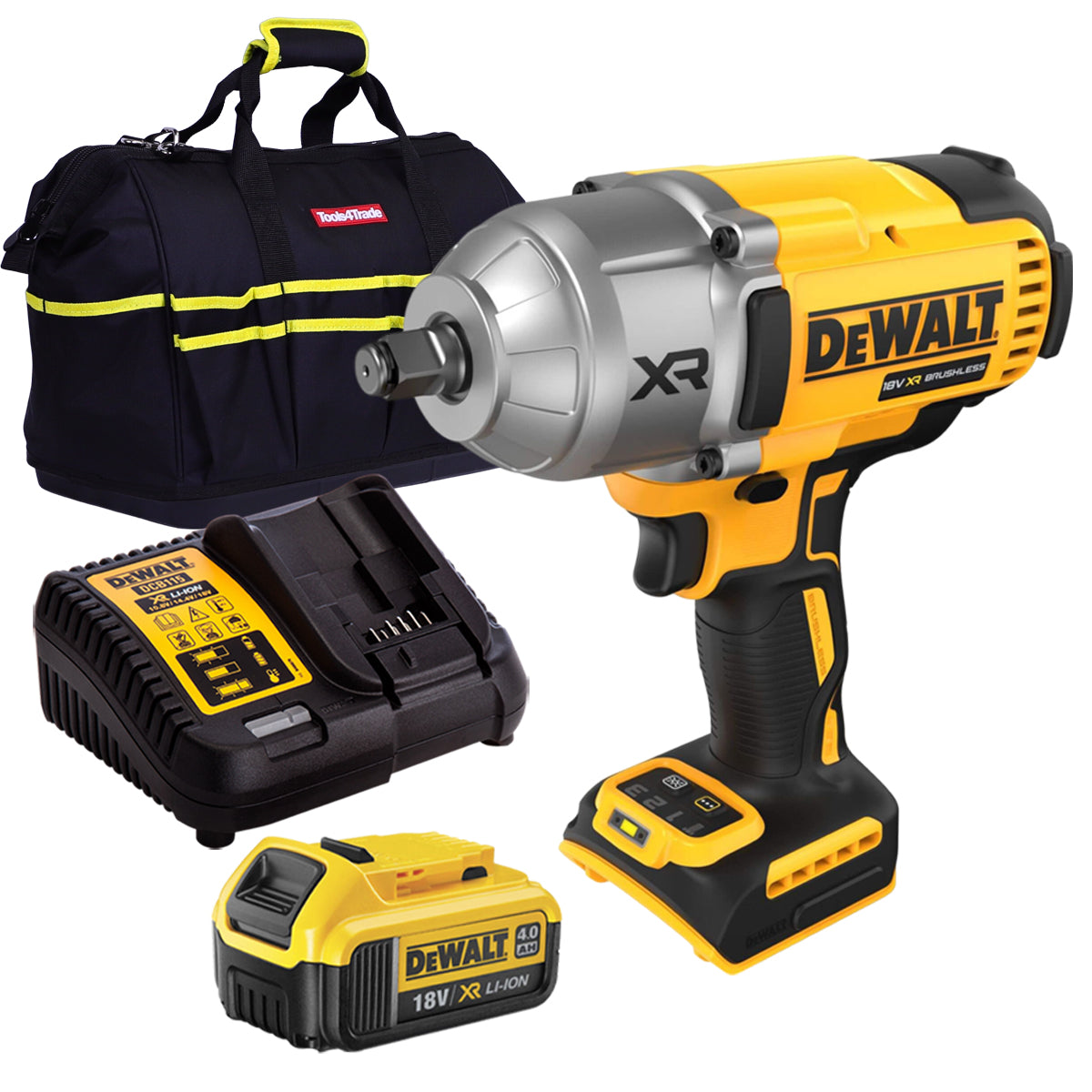 Dewalt DCF900N 18V XR Brushless 1/2” High Torque Impact Wrench Hog Ring with 1 x 4.0Ah Battery Charger & Bag