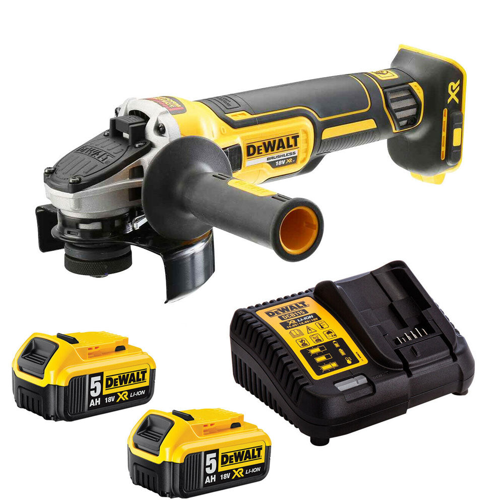 DeWalt DCG405N 18V Brushless 125mm Angle Grinder with 2 x 5.0Ah Batteries & Charger