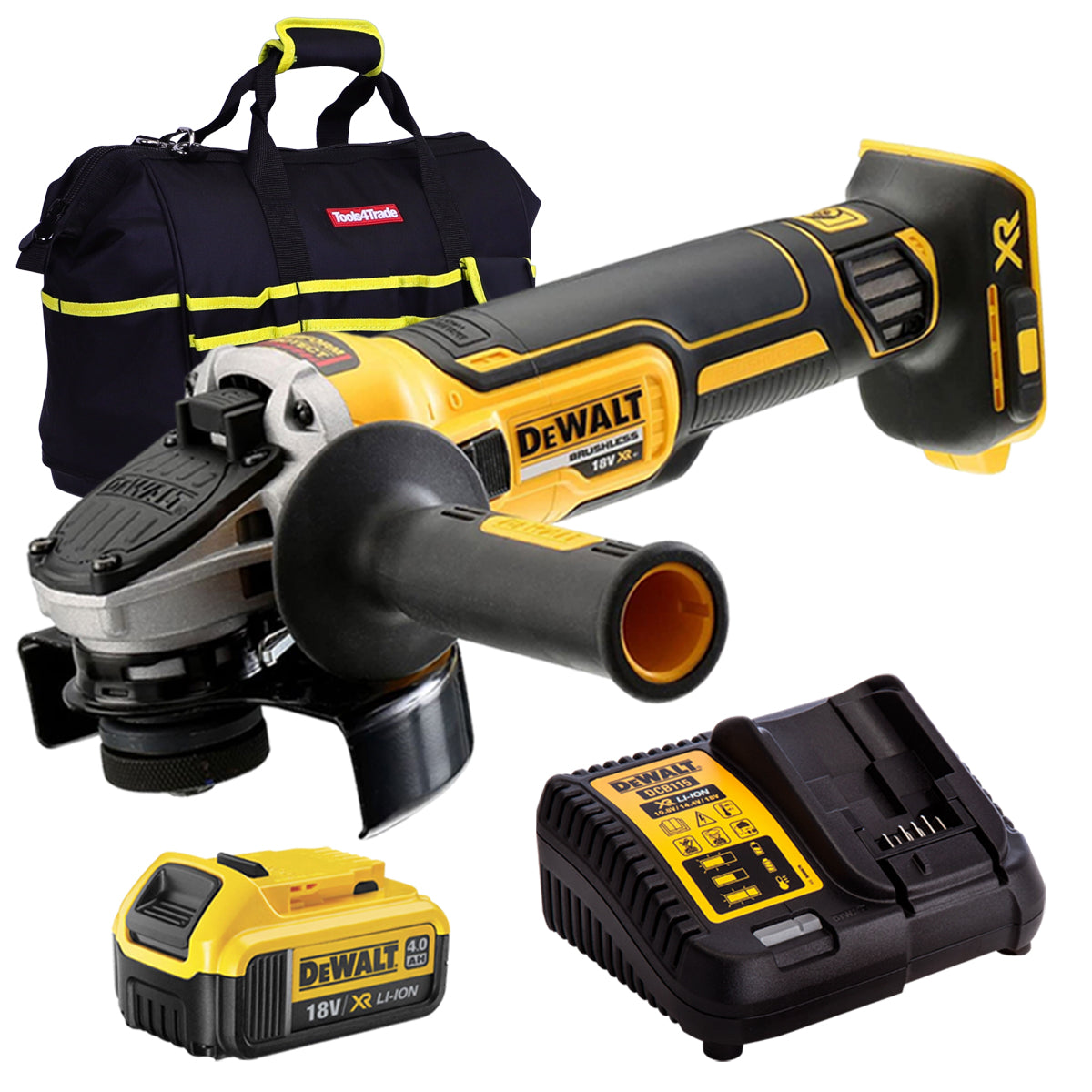 Dewalt DCG405N 18V Brushless 125mm Angle Grinder with 1 x 4.0Ah Battery Charger & Bag