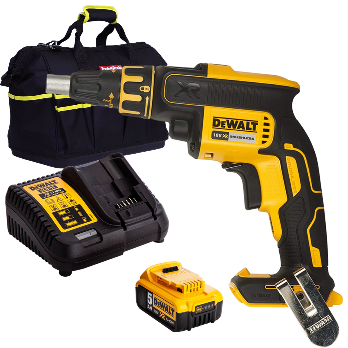 Dewalt DCF620N 18V Brushless Drywall Screwdriver with 1 x 5.0Ah Battery Charger & Bag