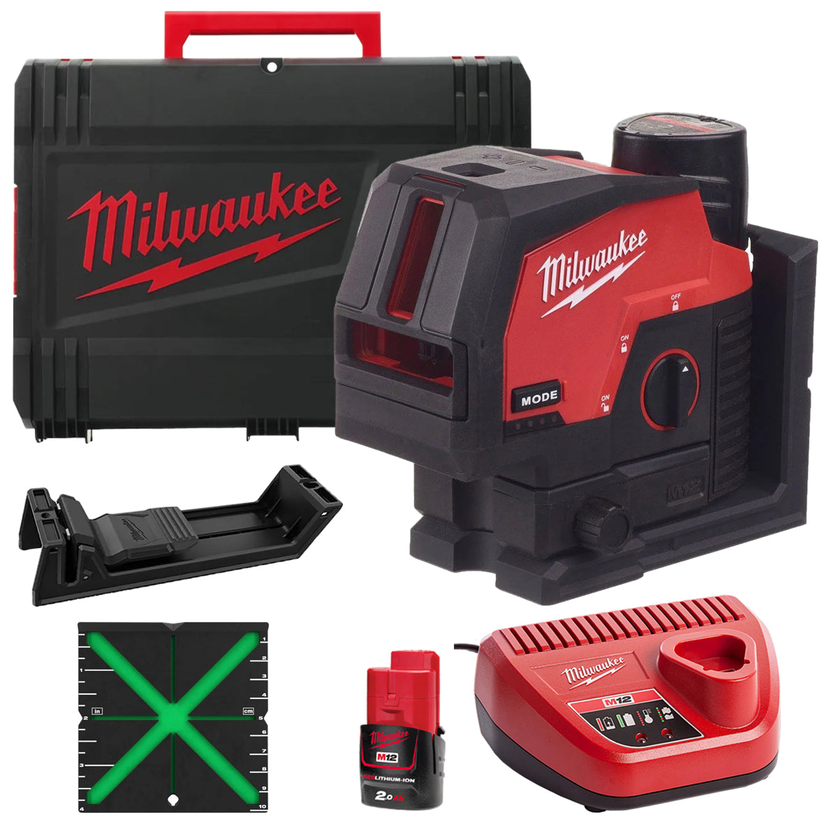 Milwaukee M12CLLP-0 12V Green Cross Line 2 Plane Laser 360° Case with 1 x 2.0Ah Battery & Charger