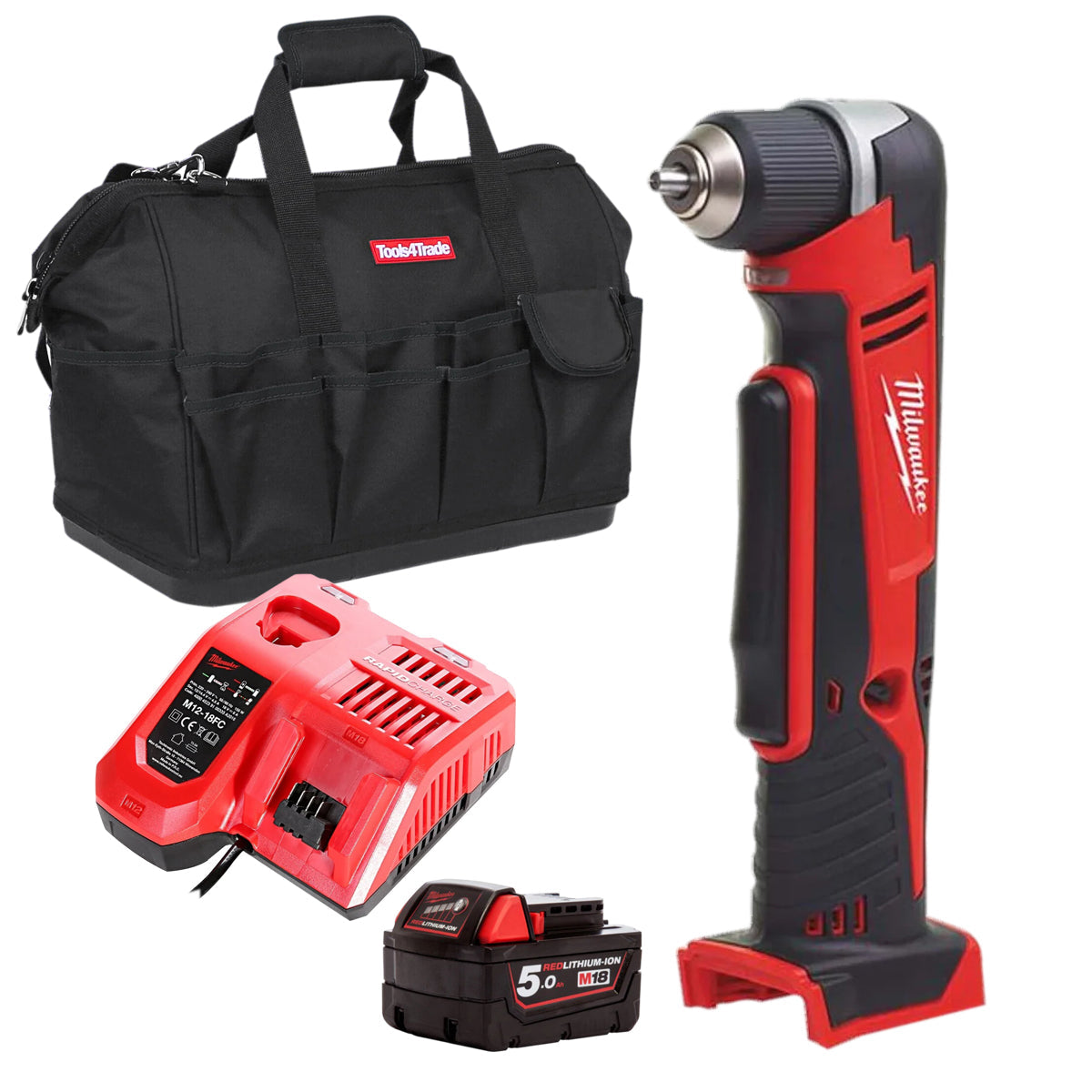 Milwaukee C18RAD-0 18V Angle Drill Driver with 1 x 5.0Ah Battery Charger & Bag