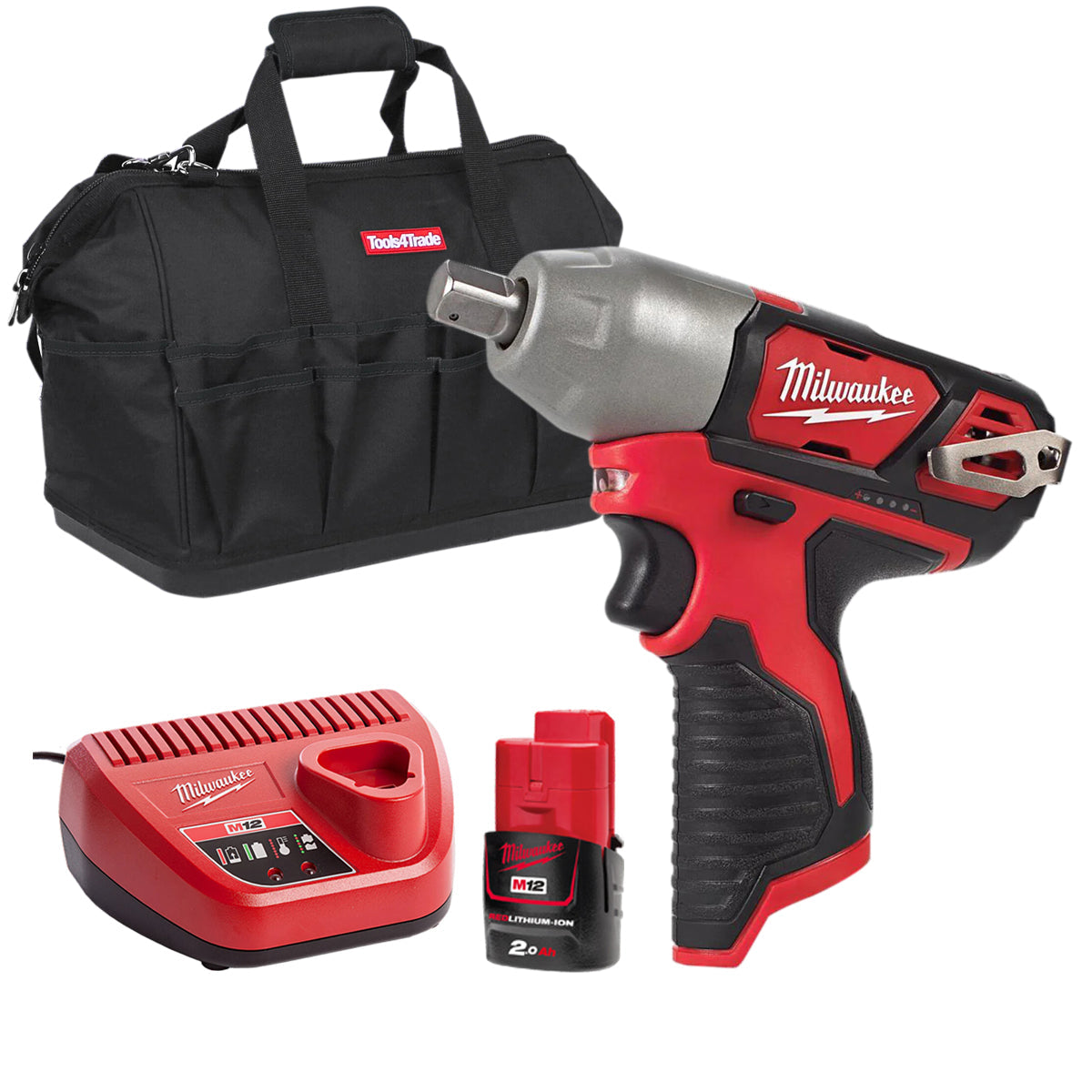 Milwaukee M12BIW12-0 12V 1/2'' Impact Wrench with 1 x 2.0Ah Battery Charger & Bag