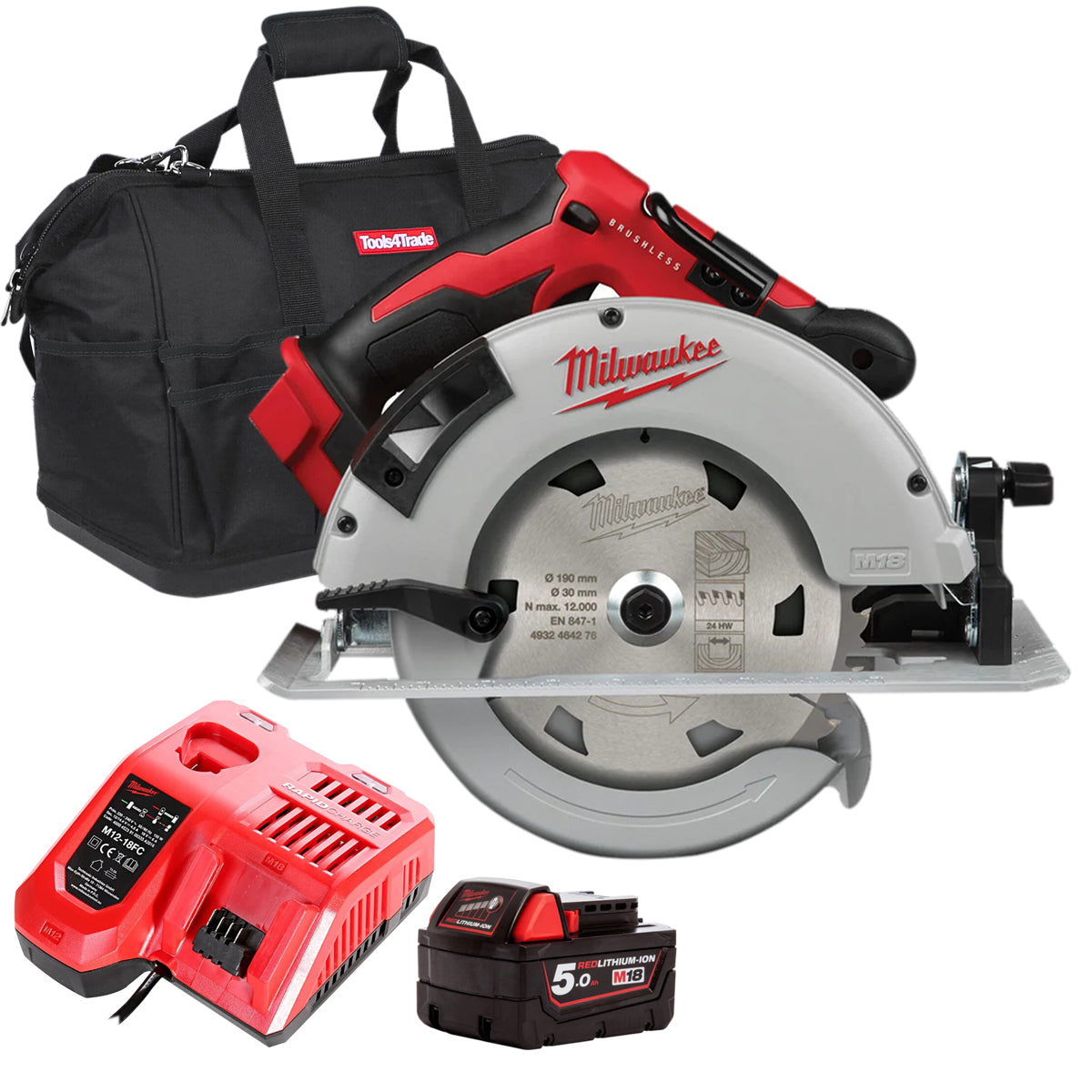 Milwaukee M18BLCS66-0 18V Brushless Circular Saw with 1 x 5.0Ah Battery Charger & Bag